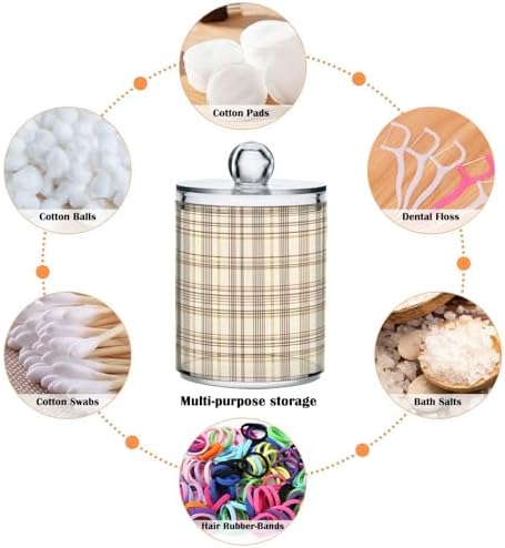 ALAZA 2 Pack Qtip Holder Brown Beige Plaid Pattern, Cotton Swab Dispenser with Lid Bathroom Containers Canister Organizer Storage Jar