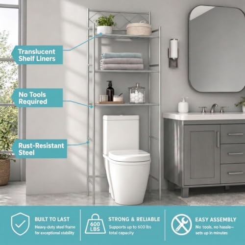 American Dream 3-Shelf Over-the-Toilet Space Saver Bathroom Storage Rack – Freestanding Metal Organizer with Open Shelves for Towels, Toiletries & Bathroom Essentials. Silver