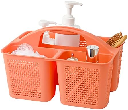 Plastic Portable Shower Caddy Basket with Handle, 3 Compartments, Orange