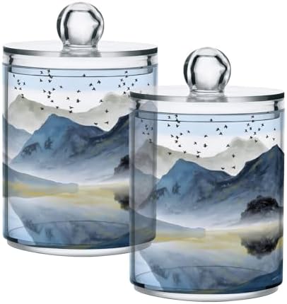 MNSRUU 2 Pack Qtip Holder Organizer Dispenser Abstract Art Mountains and Birds Bathroom Storage Canister Cotton Ball Holder Bathroom Containers for Cotton Swabs/Pads/Floss