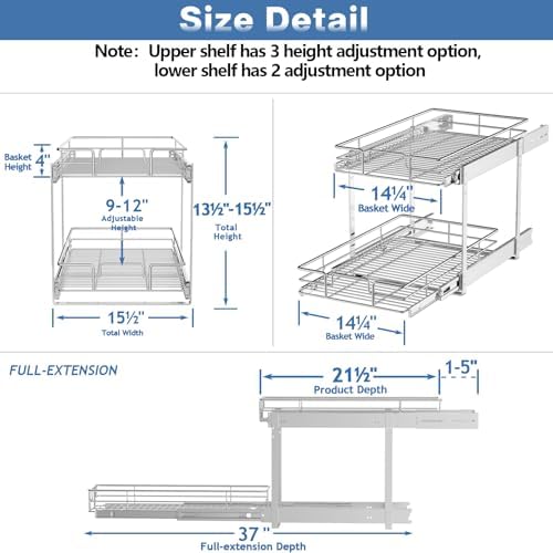 ROOMTEC Individual Pull Out Cabinet Organizer (15½" W x 21½" D), 2 Tier Spice Rack Organizer for Cabinet, Slide Out Drawer Pantry Shelf Organization and Storage for Kitchen Bathroom