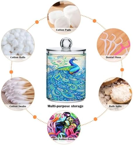 MNSRUU 2 Pack Qtip Holder Organizer Dispenser Peacock Bathroom Storage Canister Cotton Ball Holder Bathroom Containers for Cotton Swabs/Pads/Floss