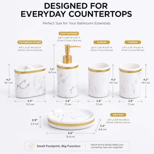 5-Piece Bathroom Counter Top Accessory Set - Dispenser for Liquid Soap or Lotion, Soap Dish, 2 Tumblers and Toothbrush Holder, Marble Pattern Resin (Classic White)