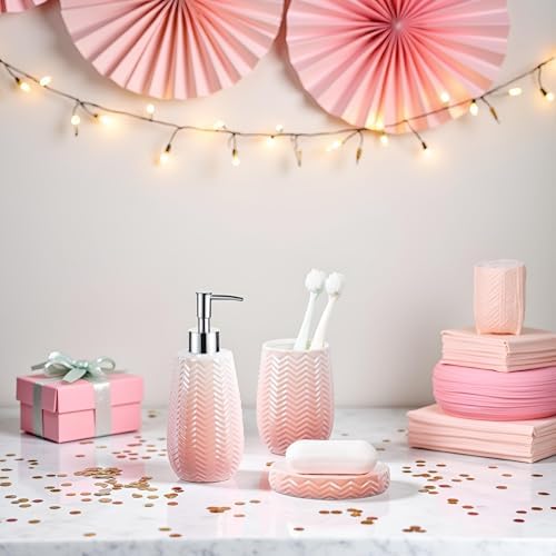 Bathroom Accessories Set, 3 Pcs Pink Ceramic Bathroom Accessories Sets Complete/Lotion Soap Dispenser, Toothbrush Holder, Soap Dish, Bathroom Decor, Gift for Home Apartment