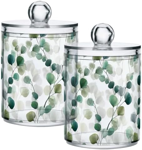 Gredecor Qtip Holder Dispenser 2 Pack Green Watercolor Floral Leaves Apothecary Jars with Lids Bathroom Vanity Countertop Canister Storage Organizer for Cotton Ball,Swabs,Pads,Floss