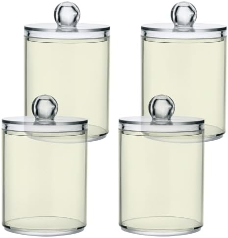 Gredecor 4 Pack Beige Qtip Holder Organizer Dispenser Clear Bathroom Storage Canister Cotton Ball Holder Bathroom Containers for Cotton Swabs/Pads/Floss