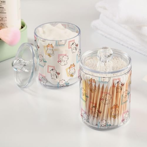 Cat Animal Cartoon Cute 4 Pack Plastic Qtips Holder Bathroom Organizer Canisters for Cotton Balls/Swabs/Pads/Floss,Plastic Apothecary Jars for Vanity