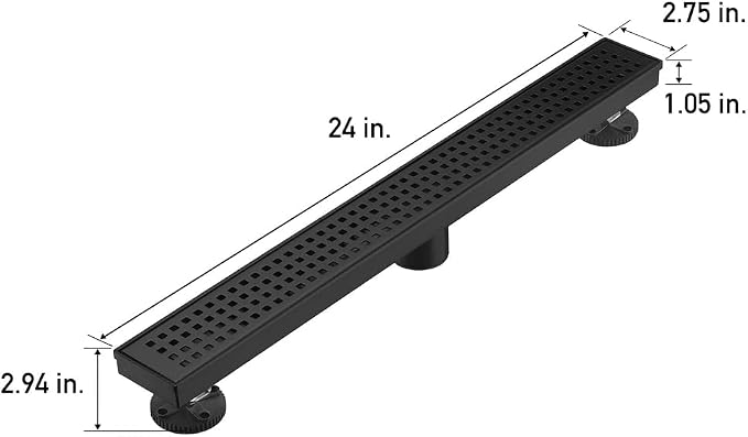 AVSIILE Linear Shower Floor Drain, Matte Black 24 Inch 304 Stainless Steel Bathroom Drains Kit, Long Rectangular Shower Trench Drain with Square Pattern Drain Cover & Hair Catcher