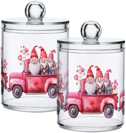2 Pack Qtip Holder Dispenser with Lids, Valentines Gnomes Pickup Truck Plastic Storage Containers,Bathroom Canisters Organizer for Cotton Ball, Cotton Swab, Cotton Round Pads, Floss 21217890