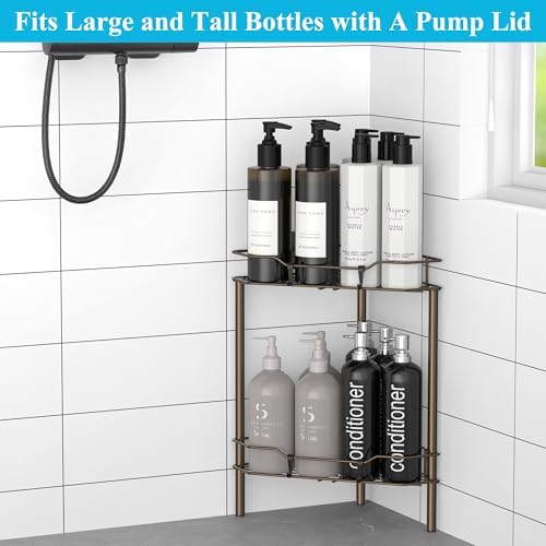 HuggieGems Metal Floor Standing Corner Shower Caddy, Bronze, 2 Tier