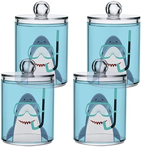 Fustylead 4 Pack Shark with Diving Equipment Qtip Holder Dispensers, Plastic Apothecary Jar Bathroom Accessories Set for Cotton Ball, Swab, Round Pads, Floss