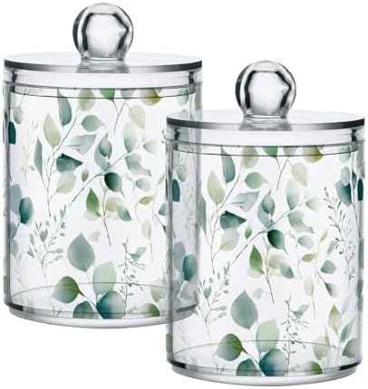 ALAZA Eucalyptus Leaves White 2 Pack Qtip Holder Dispenser for Cotton Swabs, Balls, Pads, Floss 10 oz Plastic Canister Organizer