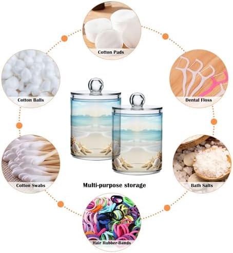 Mnsruu 4 Pack Qtip Holder Organizer Dispenser Beach Scene with Starfish Shells Bathroom Storage Canister Cotton Ball Holder Bathroom Containers for Cotton Swabs/Pads/Floss