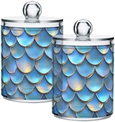 ALAZA 4pcs Blue Mermaid Scale 3D Funny Qtip Holder Dispenser 14 oz Bathroom Storage Clear Apothecary Jars Containers Cotton Ball,Cotton Rounds,Floss Picks, Hair Clips, Food