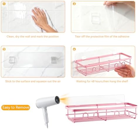 Adhesive Shower Caddy, Large Capacity Shower Racks for Inside Shower, No Drill Bathroom Shower Organizer and Storage, 2 Pack Pink Bathroom Shelves, Home Decor Rv Accessories, Apartment