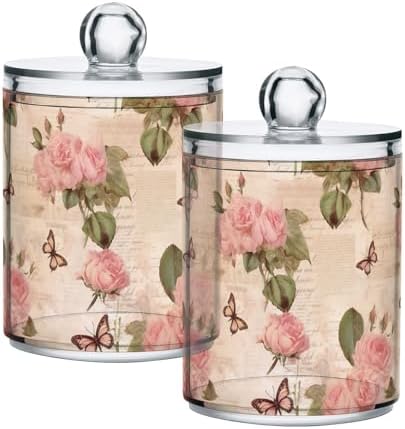 4 Pack Qtip Holder Dispenser with Lids - Vintage Paper Roses Butterfly Plastic Storage Containers - Bathroom Canisters Organizer for Cotton Swab, Cotton Round Pads, Floss 21215190