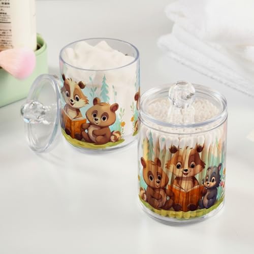 MNSRUU 4 Pack Qtip Holder Organizer Dispenser Animal Bears Pink Bathroom Storage Canister Cotton Ball Holder Bathroom Containers for Cotton Swabs/Pads/Floss