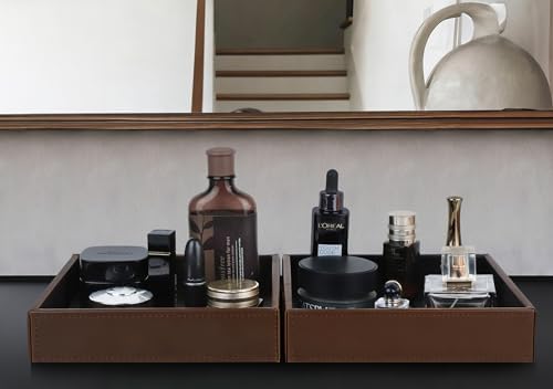 HofferRuffer Faux Leather Vanity Tray, Elegant Desktop Storage Organizer, Decorative Catchall for Perfume, Bathroom Valet, Nightstand or Dresser, 8 x 8 x 1.8 inches (Brown)