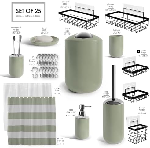 Clara Clark Bathroom Accessories Set - Bathroom Set with Adhesive Corner Shower Caddy Hanging, 25PC Bathroom Accessory Set, Sage Green Shower Curtain Set, Toilet Brush, Trash Can & Soap Dispenser