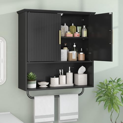Wall Mounted Cabinet with Towel Bar & Shelves for Kitchen Bathroom