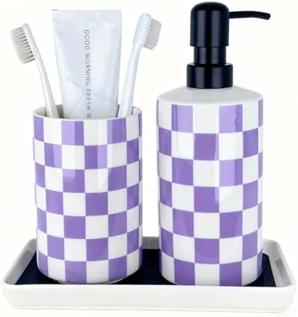 Bathroom Toothbrush Holder Set, Ceramic Soap Dispenser and Tooth Brush Holder Set, Bathroom Accessories Sets Countertop, Lavender Purple Checkered Bathroom Home Decor