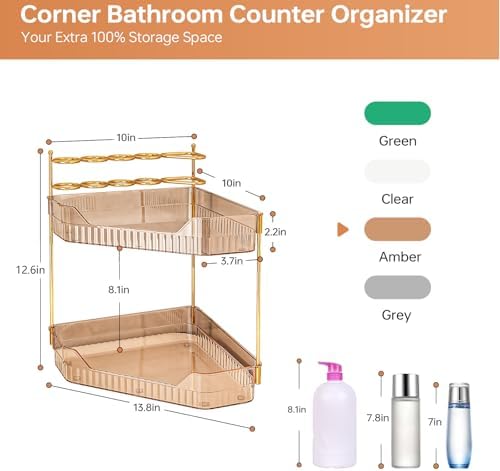 Corner Bathroom Counter Organizer with Makeup Brush Holder & Toothbrush Holders, Makeup Organizer for Vanity Countertop, Acrylic Skincare Storage Shelf (Amber, 2-Tier)