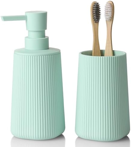 YAUKPH Bathroom Soap Dispenser and Toothbrush Holder Striped Green