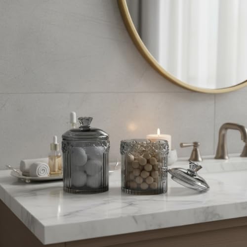 2 Pack Glass Qtip Holder Canisters with Lids, Crystal Clear Apothecary Jars for Cotton Balls, Swabs, Floss, Candy & Makeup Pads, Bathroom Vanity Organizers & Beauty Storage(Grey)