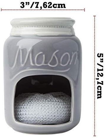 Comfify Grey Mason Jar Ceramic Sponge Holder – Farmhouse Sink Caddy | Grey; mason jar ceramic; 5"H x 3.75" diameter; includes nylon scrubby; embossed 'MASON'; decorative lid; farmhouse
