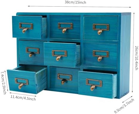 Apothecary Cabinet with 9 Drawers Card Catalog Cabinet, Library Card Catalog Drawer with Metal Handles & Label Slot Wooden Desk Drawer Organizer for Herb Storage, Tea Collection (Blue)