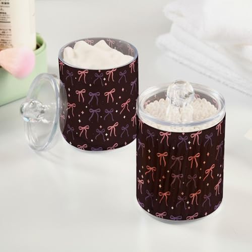 Gredecor 2 Pack Qtip Holder Clear Pink Purple Bows on Brown Apothecary Jars with Lids Acrylic Bathroom Jars Vanity Countertop Canister Storage Organizer for Cotton Ball,Swabs,Pads,Floss