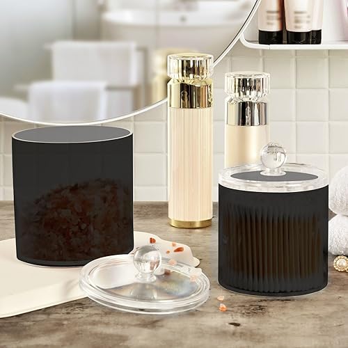 Gredecor Black Apothecary Jars with Lids for Bathroom & Kitchen Organization Containers Acrylic Plastic Organizers Great for Q-Tip Cotton Swabs, Jewelry, Food & Candy Storage, Set of 2 Sizes