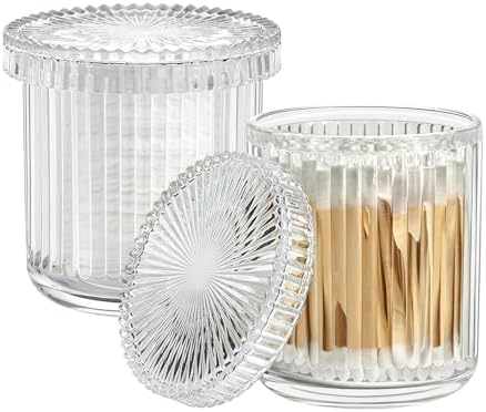 Bathroom Organizers and Storage, 2 Pack Glass Qtip Holder Canisters with Lids, Crystal Clear Apothecary Jars for Cotton Balls, Swabs, Floss, Candy & Makeup Pads (Clear)