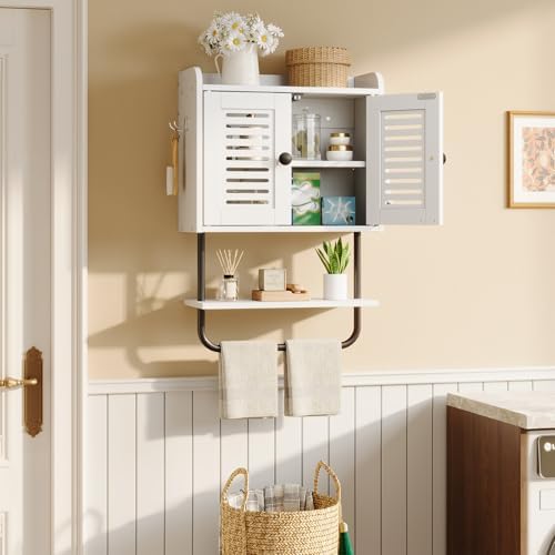 HOOBRO Medicine Cabinet, Double Doors Bathroom Wall Cabinet with Towel Bar, Adjustable Shelf, 2 Hooks, Over The Toilet Storage Cabinet, for Bedroom, Kitchen, White BW46CW01