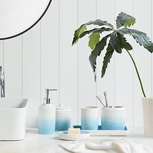 Bathroom Accessories Set, 5-Piece Ceramic Bath Accessory Complete Set with Lotion Dispenser/Soap Pump, Cotton Jar, Soap Dish, Tumbler and Toothbrush Holder (Blue and White Gradient)