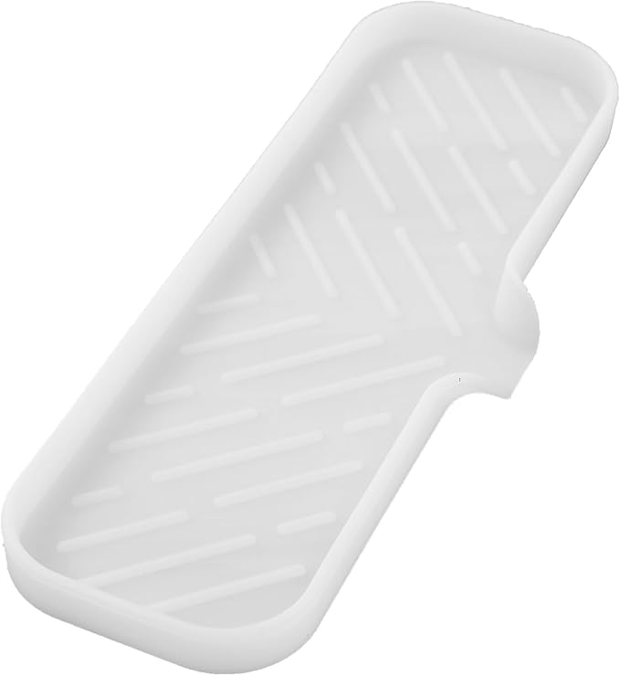 MicoYang Silicone Soap Dish with Drain Spout — Self-Draining Double Sink Organizer Tray for Kitchen & Bath, Dispensers, Sponges & Soap Holder, Non-Slip & Dishwasher Safe, Translucent (Large, 12"×4")