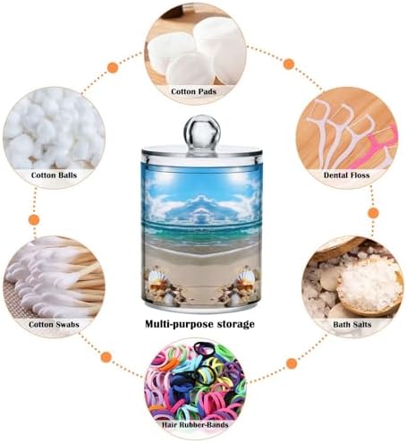 Beautiful Beach Scene Qtip Holder 2 Pack - 10 Oz Clear Plastic Apothecary Jar Set for Bathroom Organization - Versatile Canister Storage for Cotton Balls, Swabs, Rounds