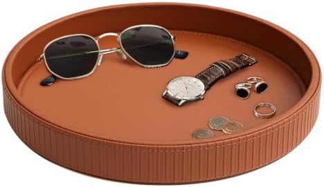 HofferRuffer Round Decorative Tray, Faux Leather Vanity Tray Decor, Decorative Catchall for Perfume, Bathroom Valet, Nightstand or Dresser (Brown Stripe, 12")
