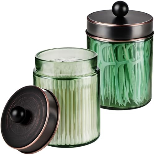 Amolliar Green Glass Qtip Holder Apothecary Jar, Bathroom Decor, ORB 2 Pack