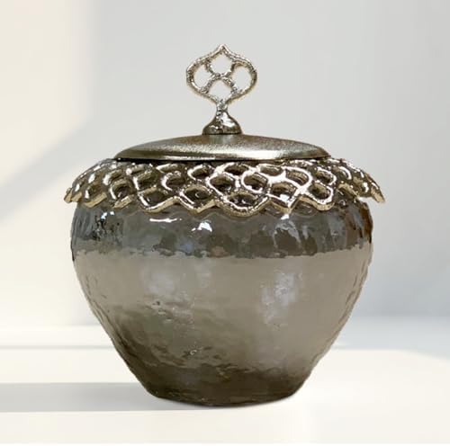 Decozen Qtip Holder and Cotton Jar with Lid - Elegant Glass and Metal Organizer for Decorative Kitchen Home Decor Bath Accessories Countertop Glass Jar Lid Organizer - The Arabesque Collection
