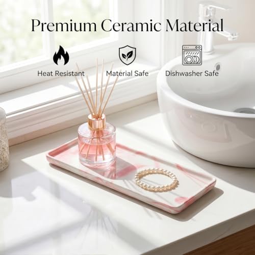 10″ x 3.5″ Ceramic Bathroom Vanity Tray, Rectangular Decorative Countertop Tray for Bathroom Kitchen, Ceramic Organizer Tray for Perfume, Candle, Jewelry, Cosmetics, Soap Dispenser, Marble Pink
