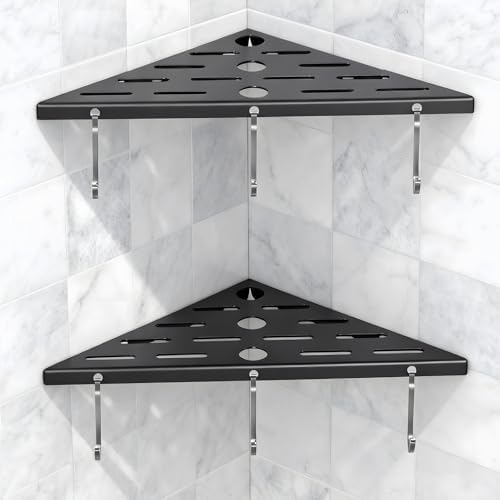 2Pack Corner Shower Shelf 10" 304 Steel 6Hooks 40Lb Duty Drill-Mount Black