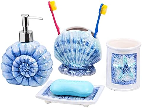 Coastal Ceramic Bathroom Accessory Set - 4 Piece Seashell & Starfish Decor, Includes Soap Dispenser, Toothbrush Holder, Soap Dish & Tumbler, Beach Themed Bath Decor (Blue)