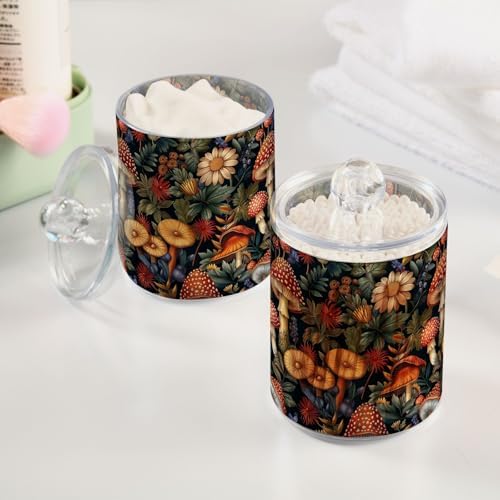 4 Pack Retro Mushrooms and Flowers Qtip Dispenser 10 Oz Clear Apothecary Plastic Jars Bathroom Storage Containers for Cotton Ball, Swab, Floss, Makeup Sponges, Hair Clip