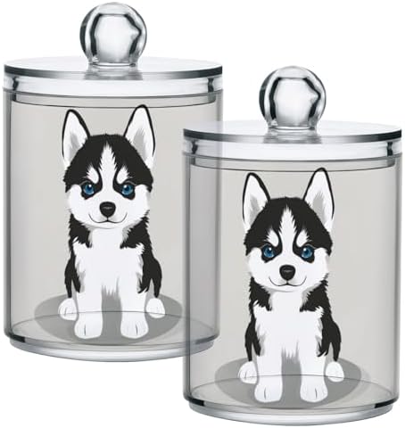 2 Pack Qtip Dispenser Apothecary Jars Dog Bathroom Organizer, Siberian Husky Puppy Qtip Holder Storage Canister Plastic Acrylic Jar for Cotton Ball/Swab/Rounds