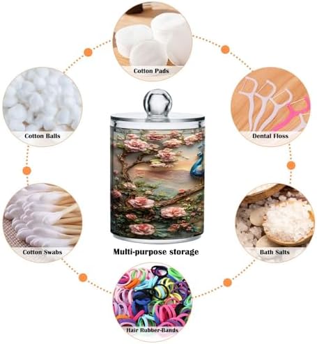 ALAZA Peacock Butterfly Peony 4 Pack Qtip Holder Dispenser for Cotton Swabs, Balls, Pads, Floss 10 oz Plastic Canister Organizer