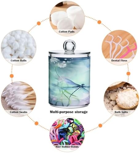 2 Pack Apothecary Jars Bathroom Watercolor Dragonflies Qtip Holder Dispenser Clear Plastic Storage Canister Jar with Lid for Cotton Ball, Cotton Swab