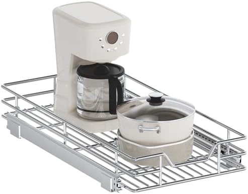 Pull Out Cabinet Organizer, 11.5" W x 21.5" D, Heavy Duty Chrome Slide Out Shelf for Narrow Base Cabinets, Sliding Wire Basket Drawer for Spices, Bottles, Snacks & Cleaning Supplies