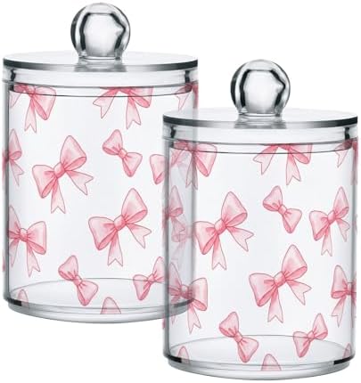 ALAZA Bow on White 2 Pack Qtip Holder Dispenser for Cotton Swabs, Balls, Pads, Floss 10 oz Plastic Canister Organizer