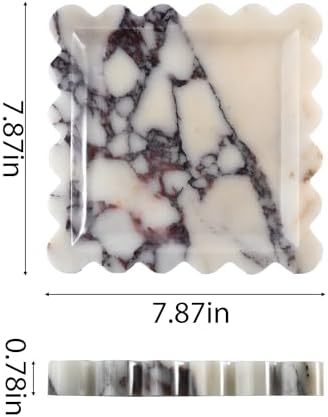 Scalloped Square Marble Decorative Tray, Natural Stone Vanity & Jewelry Tray, Trinket Organizer for Ring, Key, Dresser, Nightstand, Bathroom Counter & Kitchen Sink(Calacatta Viola)